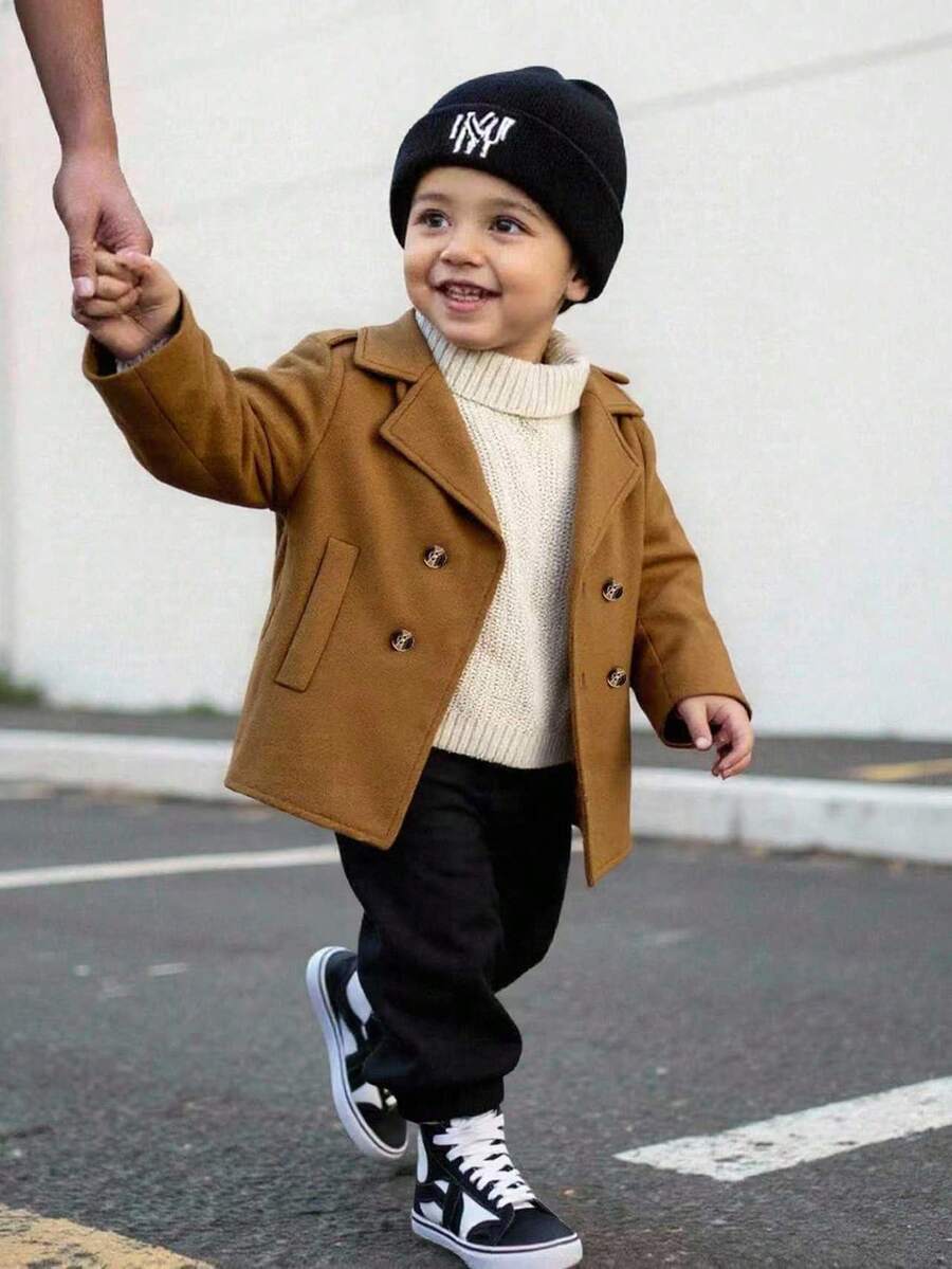 SHEIN Jaket Bayi Laki-laki Gaya Retro Inggris Warna Cokelat Muda, Mantel Kancing dengan Kerah Tebal, Pakaian Ulang Tahun Musim Gugur, Mantel Luar Kasual Sederhana Versi Korea untuk Musim Dingin - Coklat - View 1