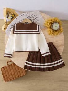 Completo casual e alla moda per ragazze, semplice e carino, composto da un cardigan lavorato a maglia con colletto blu navy e una gonna corta a righe marrone in maglia. Adatto per l'autunno e l'inverno, Natale, outfit per il ritorno a scuola. - Albicocca - Visualizzare 4