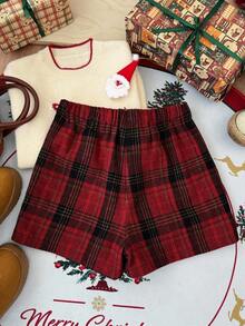 DAZY Teen Girl Christmas Plaid Wrap Mini Skirt,New Year - Burgundy - View 4