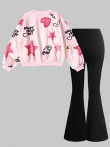 SHEIN 2 件套青少年女孩休闲宽松花卉图案圆领运动衫和喇叭裤套装，适合秋冬季日常穿着 - 彩色 - 查看 2