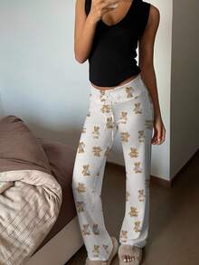 CovetEZ Casual Cute Bear Pattern Low Waist Drawstring Yoga/Lounge Wide Leg Pants, Suitable For Spring & Autumn - Multicolor - View 6