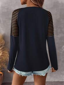 EMERY ROSE Women's Autumn Splice Mesh Shoulder Zip V-Neck Raglan Long Sleeve Casual Knit T-Shirt