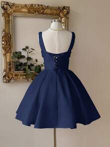 Lovelzi 优雅、奢华、高贵、宫廷风白色缎面露肩甜心领口美人鱼轮廓连衣裙，带珍珠装饰，喇叭形下摆，适合单身派对、婚礼、毕业典礼、度假、新娘送礼会 - 藏蓝色 - 查看 7