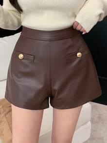 DAZY Celana Pendek Wanita PU Polos Elegan dengan Rivet dan Kantong Imitasi - Coffee Brown - View 5