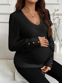 SHEIN 孕妇纯色V领长袖纽扣设计休闲罗纹T恤 孕妇秋冬上衣 - 黑色 - 查看 6