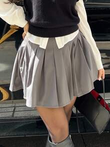 NegzBox 女款純色休閒百褶中長裙 - 灰色 - 查看 6