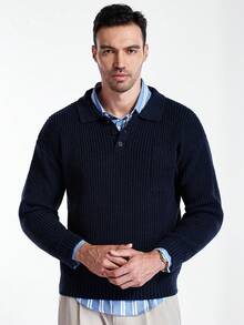 Manfinity CityGents Áo len dài tay cổ polo trơn màu cho nam, thời trang thu đông - Màu xanh hải quân - Xem 5