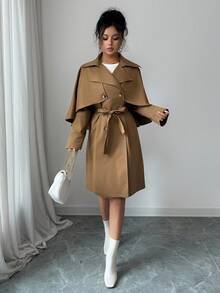 SHEIN Elenzya 女式卡其色翻领长袖双排扣蝴蝶结休闲通勤时尚斗篷式风衣夹克 - 卡其色 - 查看 4