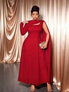Elenzga Plus Size Women Elegant A-Line Long Sleeve Dress, Autumn/Winter - Red - View 8