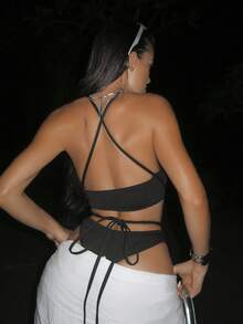 Swim SXY Summer Beach Rib Criss Cross Halter Bikini Set - Black - View 2