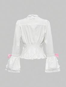 ROMWE J-Fashion 洛丽塔夏季娃娃装可爱甜美 3D 蝴蝶结装饰泡泡袖女式衬衫 - 白色 - 查看 2