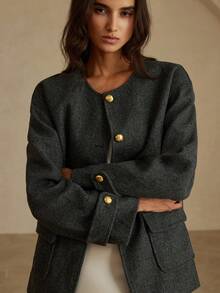 GENKIRA Elegant Versatile Solid Color Jacket With Round Neck, Button Decoration, Sleeve Cuff Decoration, And Waist Belt Decoration, Suitable For Commuting - Black - View 6