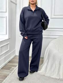 EURMUSE 100% reine Baumwolle dicker Half-Zip Sweatshirt mit Drop-Shoulder und Jogginghose Große Größen Set - Blau - Übersicht 4