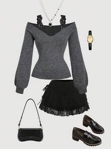 SHEIN MOD Women's Black Lace 2 In 1 Grey Sweater In Fall/Winter - Dark Grey - View 3