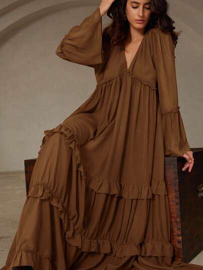 Revavyn Vestido con volantes de manga larga acampanada, cuello en V profundo, dobladillo con volantes en capas y diseño bohemio reversible, en color rojo ladrillo de gasa para mujeres
