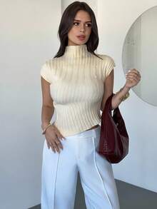 Firerie Elegant Commuter Solid Color Stand Collar Asymmetric Hem Knit Top - Light Yellow - View 4
