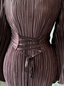 Elenzga 大码优雅纯色喇叭袖交叉系腰连衣裙 - 咖啡棕 - 查看 5