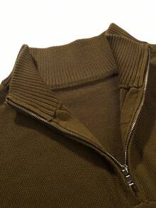 Manfinity Homme Men's Stand-Up Collar Brown Sweater With A Quarter Zip, Long Sleeves Knit Top, Suitable For Autumn And Winter, Can Be Worn Under Or As An Outer Sweatshirt, Ideal For Work Commuting, Outdoor Sports, And Home Life, A Style That Girls Love For Handsome - Brown - View 6