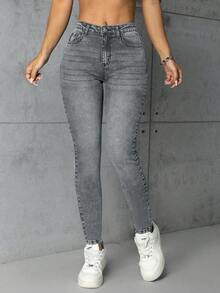 SHEIN ICON 大码女式时尚休闲百搭修身裤 - 淺灰色 - 查看 4