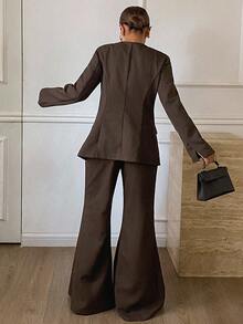 Livesso Ensemble 2 pièces pour femmes avec Top à encolure ronde et taille cintrée, et pantalon ample pour l'automne - Tabac - Voir 2