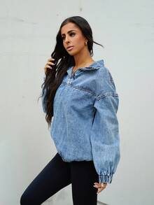 SAYEHFBABY 女士宽松休闲落肩半拉链牛仔夹克春秋