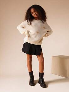 SUMWON Gemütlicher gestrickter Herbst-Winter Mädchen Pullover mit dekorativen Schleifen, Langarm Rundhals Pullover, lässiger Schul- und Feiertagsoutfit, gerippter Saum, klassischer Stil