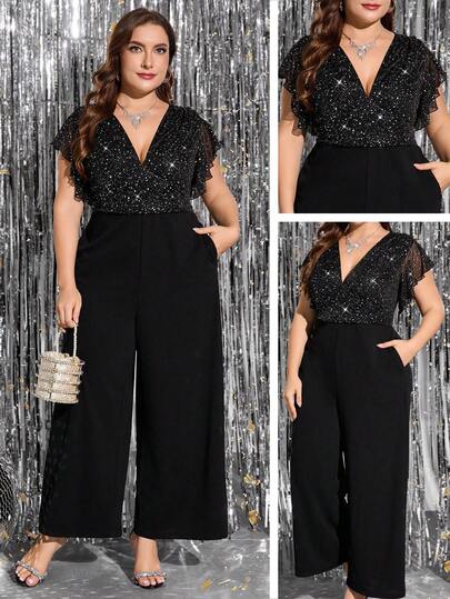 Gownix Mono elegante brillante para mujer de talla grande, adecuado para fiestas y reuniones, mono negro con bolsillos