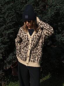 DAZY Women's Leopard Print Loose V-Neck Casual Street Style Knit Cardigan, Autumn/Winter - Brown - View 7