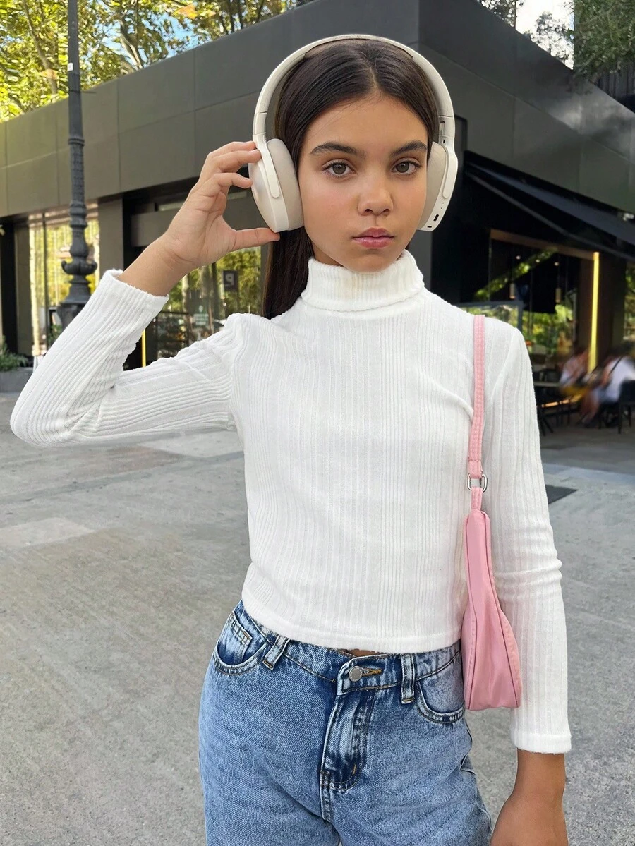 SHEIN 青少年女孩罗纹针织高领套头 T 恤，厚实保暖，百搭，适合秋冬日常穿着 - 白色 - 查看 1