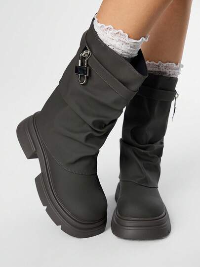 Grunge Punk Stivali da motociclista da donna neri con fibbia, stivali alti in pelle con tacco basso, stivali con punta tonda e polpaccio a metà gamba, casual da strada stile punk campus