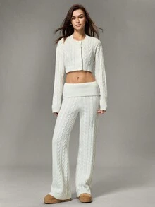 SHEIN 女士休闲纯色短款开衫和针织裤两件套，秋冬 - 白色 - 查看 1