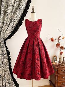 Vintamour Vintage Elegant Women's Jacquard Prom Dress Graduation Dress Wedding Guest Dress Women Vacation Outfits Woman Graduation Dresses For Women Elegant Formal Dresses New Year Valentine - Burgundy - View 8