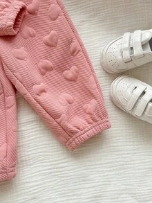 Babygirl Cute Casual Pink Heart & Cartoon Pattern Hoodie Set, Autumn/Winter - Pink - View 6