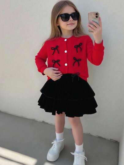 Elladie kids 2 件套女童蝴蝶装饰圆领长袖开衫外套和裙子，时尚百搭，秋冬