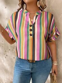 EMERY ROSE Plus Size Colorful Striped V-Neck Shirt With Rolled Up Sleeves - Multicolor - View 3