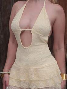 Turnttoni Robe courte sexy dos nu et col ras-du-cou de couleur unie pour femmes