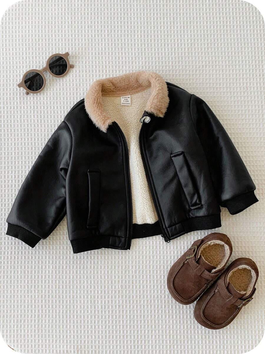 SHEIN Baby Boys Casual Cute Street Style Black PU Leather Thermal Lined Long Sleeve Zip Up Jacket, Baby Winter Clothes Baby Boy Jacket Baby Zip Up Jacket Baby Bomber Jacket Baby Leather Jacket Fall