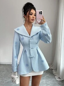 Elenzga Veste élégante régulière pour femmes avec nœud décoratif, taille cintrée et design plissé, style automnal à carreaux - Bleu azur - Voir 4