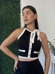 Andrea Bello Black And White Patchwork Sleeveless Women's Round Neck With Bow Button Decoration Date Night TopsTank Top - Black and White - View 6