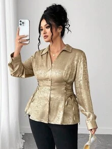 Elenzga 大码金箔领带袖口常规长袖女式衬衫，春秋 - 金色 - 查看 6