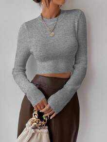 EMERY ROSE Women's Casual Solid Color Ribbed Knit Fitted Long Sleeve Sweater, Autumn/Winter - Dark Grey - View 6