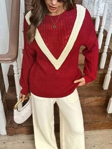 SHEIN LUNE Pull décontracté à manches longues, col rond, épaules tombantes, style western, blocs de couleurs, pour femmes, automne/hiver - Rouge foncé - Voir 6