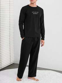 EURMUSE Conjunto de pijama de hombre con gráfico de eslogan 100% algodón - Negro - Ver 3