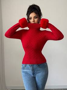 SHEIN Elenzya 优雅扭纹领拼接针织衫 长袖 修身 红色 通勤适用 秋冬 - 紅色 - 查看 7