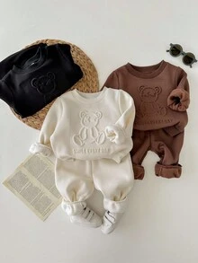 6pcs Baby Boy Casual Solid Color Knit Sweatshirt And Elastic Waist Pants Set, Autumn/Winter Fall - Multicolor - View 5