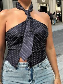 NegzBox ملابس علوية نسائي ضيق بياقة مخططة وظهر مقطوع عند الرقبة، موديل صيفي عصري - أزرق بحري - مشاهدة 3