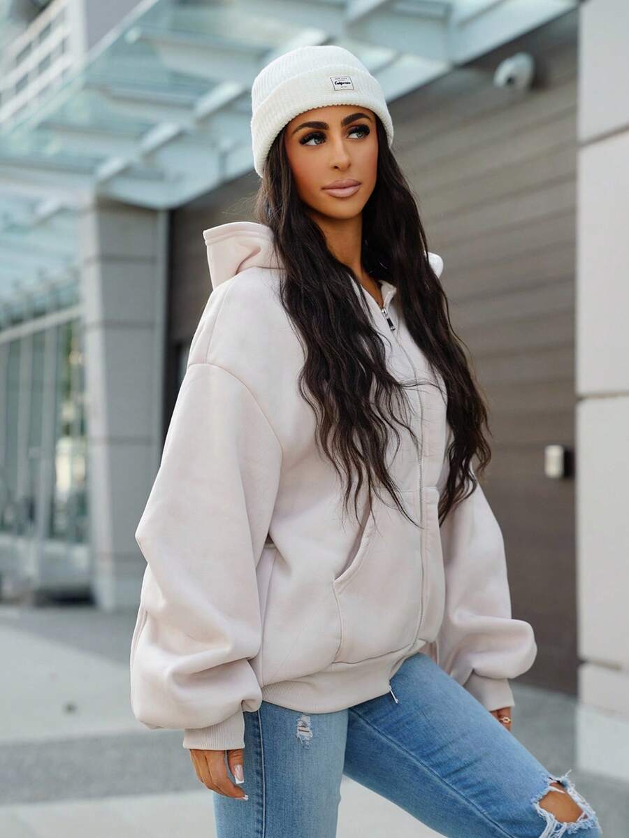SAYEHFBABY Summer Fleece Oversized Zip Up Long Sleeve Hoodie Festival - Beige - View 1