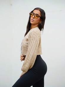 SAYEHFBABY 女士纯色圆领蝙蝠袖休闲针织毛衣，秋冬，长袖上衣 - 卡其色 - 查看 4