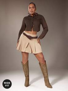 SHUZIA #宽筒女式复古刺绣图案尖头粗跟过膝PU做旧棕褐色牛仔靴 - 流畅线条，永不过时的牛仔风情，宽筒设计 - 卡其色 - 查看 5