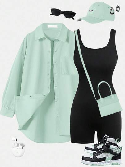 Siren Gaze Y2K Streetwear 2pcs Matching Set: Oversized Shirt & Slim Black Bodysuit Shorts - Women's Athleisure Outfits For Airport Travel, Summer Casual (Tracksuit Set) Women Summer Shirts Women Summer Clothing Women Summer Sets Outfit Set Outfit For Women Mint Green Outfit Women Green Outfits Green Clothes Summer Outfits Women Mint Green Shirt Mint Green Shirt Outfit Winter Christmas Spring